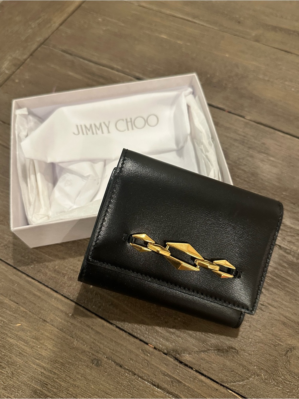 Jimmy Choo Black Wallet with Gold Chain Detail